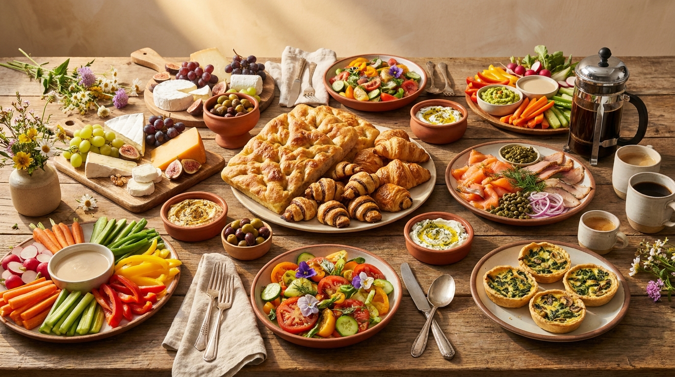 מגשי אירוח חלביים לברית מילה, גבינות מאפים סלטים ומגש דגים לאירוח בוקר - קייטרינג אוסישקין
