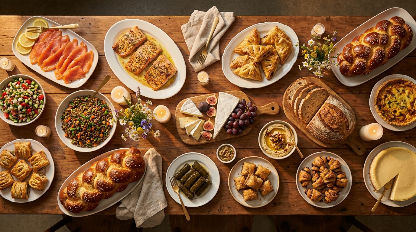 שולחן סעודת שבע ברכות חלבי חגיגי עם מגשי סלטים, גבינות, דגים ומאפים טריים - קייטרינג אוסישקין