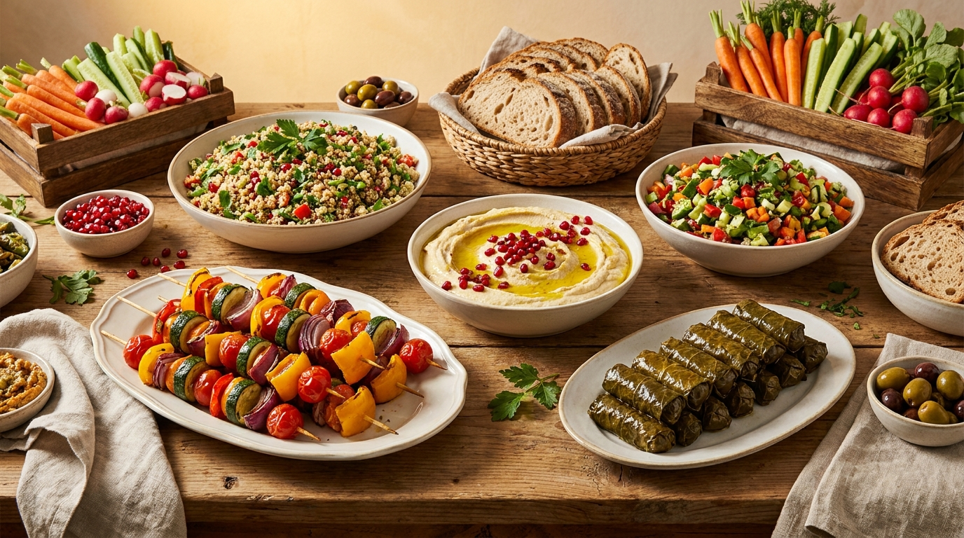 מגשי קייטרינג טבעוני צבעוניים עם סלטים, חומוס וירקות קלויים לאירוע - קייטרינג אוסישקין